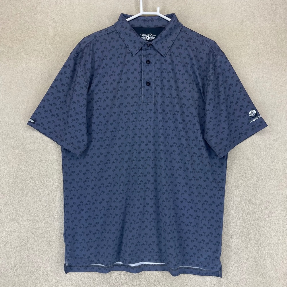 Straight Down Men's L Blue Palm‎ Tree Print Golf Polo Shirt Ironwood